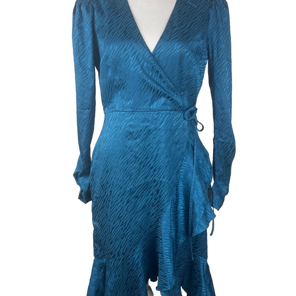Lulus Flair for Drama Teal Blue Satin Jacquard Faux Wrap Midi Dress Size M
